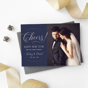 Cartão De Festividades Brinde Marinho Prata Foto Recém-Casados Ano Novo