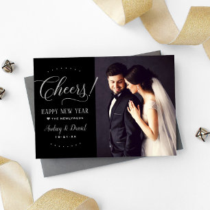 Cartão De Festividades Brinde Prata Preto Recém-Casados Foto Ano Novo