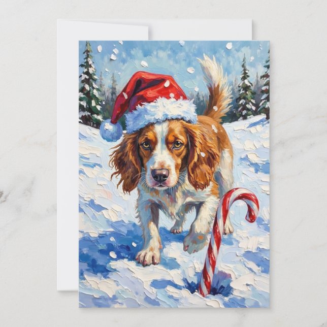 Cartão De Festividades Brittany Spaniel Dog Pointing at Christmas Candy (Frente)