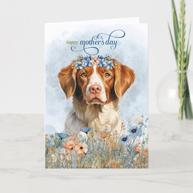 Cartão De Festividades Brittany Spaniel Dog Wildflowers Mother's Day (Frente)
