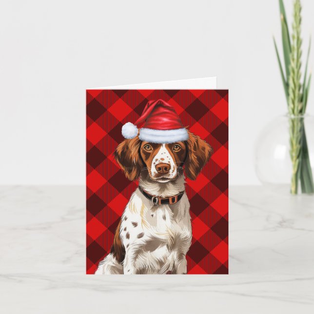 Cartão De Festividades Brittany Spaniel Natal Cão Vermelho Xadrez Natal (Frente)