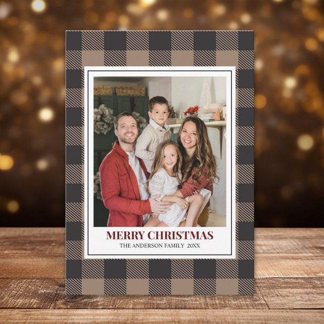 Cartão De Festividades Brown Buffalo Plaid with Christmas Family Photo (Criador carregado)
