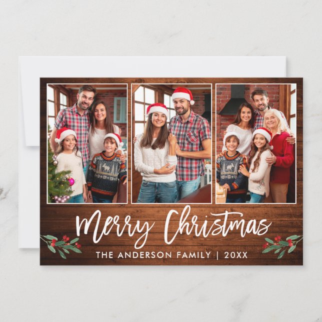 Cartão De Festividades Brush Script Wood Greenery 3 Foto Natal (Frente)