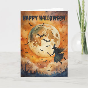Cartão De Festividades Bruxa Assustadora do Halloween com Broomstick