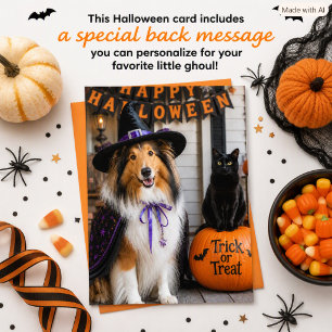 Cartão De Festividades Bruxa Collie e Gato Preto Halloween para Crianças
