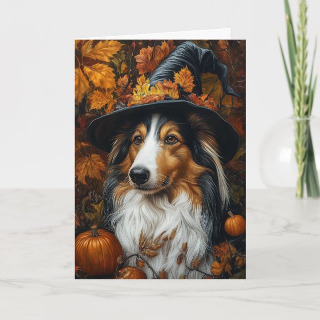 Cartão De Festividades Bruxa Collie Halloween (Frente)