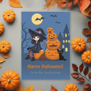 Cartão De Festividades Bruxa de Halloween, Gato Preto, Abóboras da Famíli