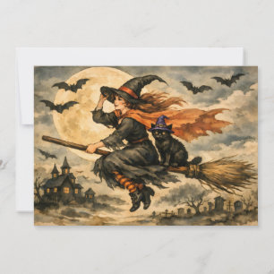 Cartão De Festividades Bruxa de Halloween Vintage, Gato Preto na Vassoura