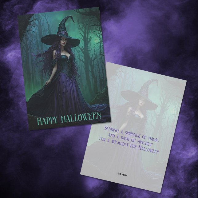 Cartão De Festividades Bruxa de Halloween Wicked em Roxo e Negro (Criador carregado)