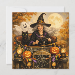 Cartão De Festividades Bruxa do Halloween em Carro Antigo com Gato Preto
