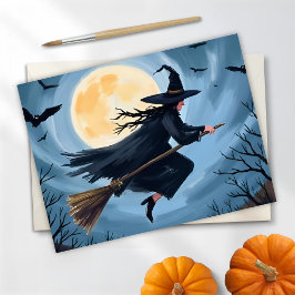 Cartão De Festividades Bruxa em uma Vassoura | Feliz Halloween Pintado