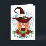 Cartão De Festividades Bruxa Feliz de Solstício Yule Cozy Winter<br><div class="desc">Envie o Cartões de natal perfeito com esta brilhante e colorida Feliz de solstício Yule Cozy Winter Solstice Com design com uma linda garota aquática com chapéu vermelho de bruxa de feriado profundo, fundo de floco de neve e uma mensagem de "Bênção Yule" que você pode editar ou remover se...</div>
