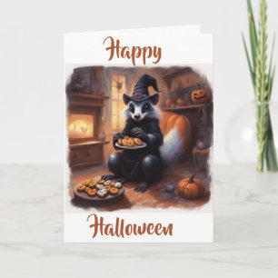 Cartão De Festividades Bruxa Gambá Halloween e biscoitos