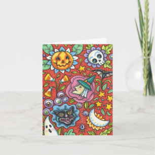 CARTÃO DE FESTIVIDADES BRUXA, GATO, FANTASMA, POVO COLORIDO DE JARDIM DE