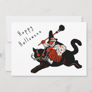 Cartão De Festividades Bruxa Gato Preto Art Déco Vintage Halloween dos an