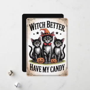 Cartão De Festividades "Bruxa Melhor Ter Meu Doce" Gato Preto Halloween
