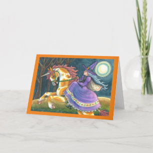 Cartão De Festividades BRUXA & UNICÓRNI DE HALLOWEEN, GATO PRETO Cavalo F