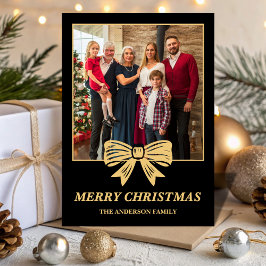 Cartão De Festividades Budget Black & Gold Bow Family Christmas Photo