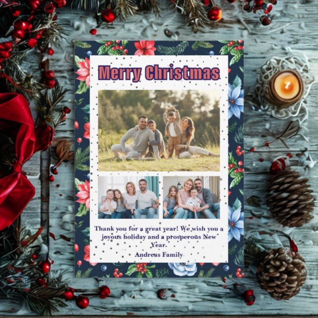 Cartão De Festividades Budget Floral Christmas Plaid 3 Photo Holiday Card (Criador carregado)
