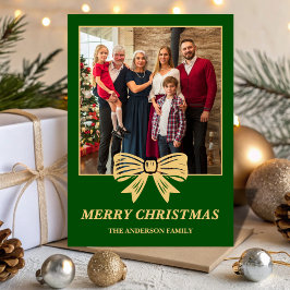 Cartão De Festividades Budget Green & Gold Bow Family Christmas Photo