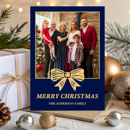 Cartão De Festividades Budget Navy Blue & Gold Bow Family Christmas Photo