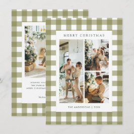 Cartão De Festividades Budget Olive Green Gingham Plaid 4 Photo Christmas