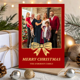 Cartão De Festividades Budget Red & Gold Bow Family Christmas Photo