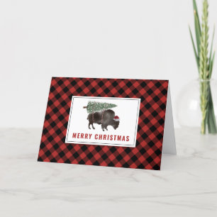 Cartão De Festividades Búfalo Bisonho Santa Árvore de Natal Xadrez Vermel