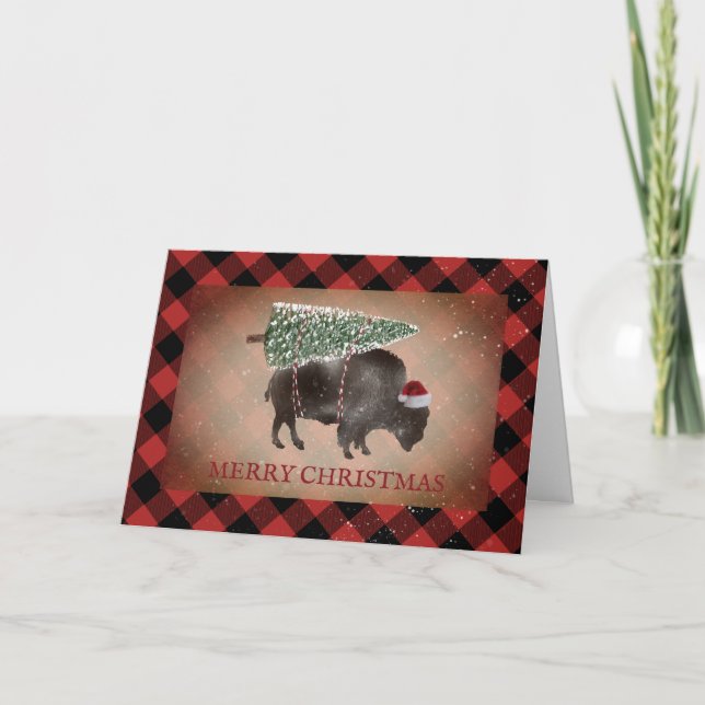 Cartão De Festividades Búfalo Bisonte Papai Noel Neve Feliz Natal Xadrez (Frente)