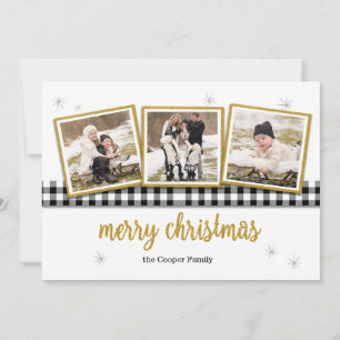 Cartão De Festividades Buffalo Check and Gold 3-Photo Christmas Card