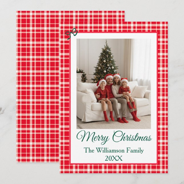 Cartão De Festividades Buffalo Check Style Photo Frame Merry Christmas (Frente/Verso)