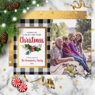 Cartão De Festividades Buffalo Check Watercolor Foto de Natal Holly