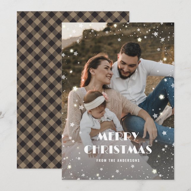 Cartão De Festividades Buffalo Xadrez Stars Snow Foto Feliz Natal (Frente/Verso)