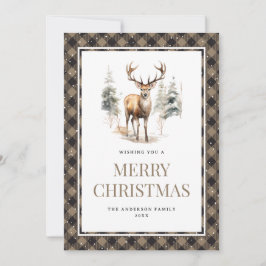 Cartão De Festividades Buffalo Xadrez Watercolor Deer Snow Feliz Natal