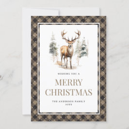 Cartão De Festividades Buffalo Xadrez Watercolor Deer Snow Feliz Natal