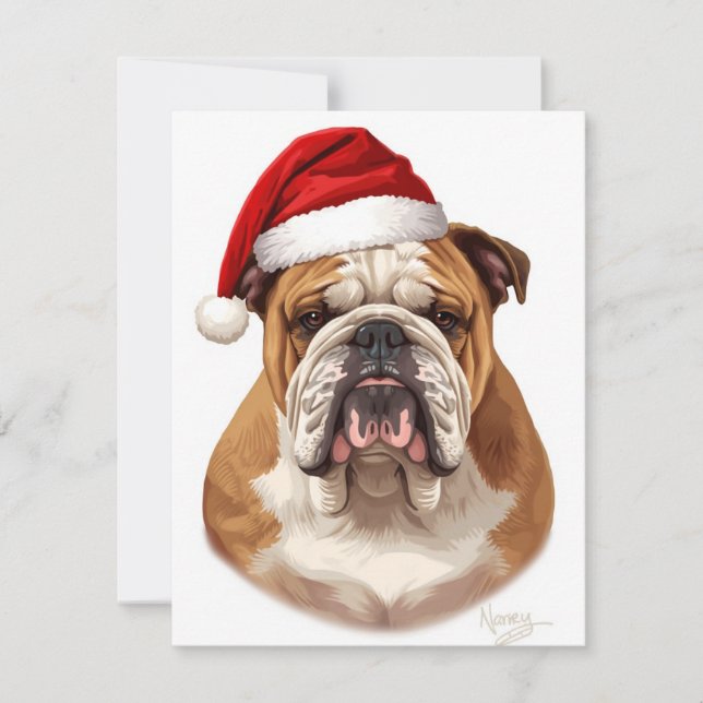 Cartão De Festividades Bulldog Dog Santa Hat Merry Christmas Art (Frente)