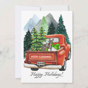 Cartão De Festividades Bulldog Francês de Natal & Caminhão Antigo Aquarel