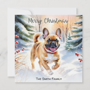 Cartão De Festividades Bulldogue Francês cor de cervo na neve Feliz Natal