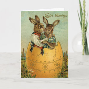 Cartão De Festividades Bunnies em um Ovo Dourado, Páscoa vitoriana veneno