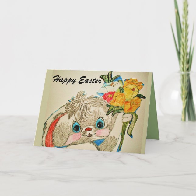 Cartão De Festividades BUNNY EASTER COM placa FLOWERS (Frente)