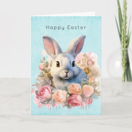 Cartão De Festividades Bunny with a Garland of Roses Cute Easter