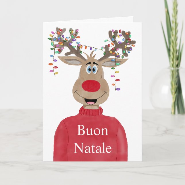 Cartão De Festividades Buon Natale, Reindeer italiano para as Luzes de Na (Frente)
