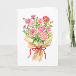 Cartão De Festividades Buquê Floral Rosa em Aquarela Dia dos Namorados