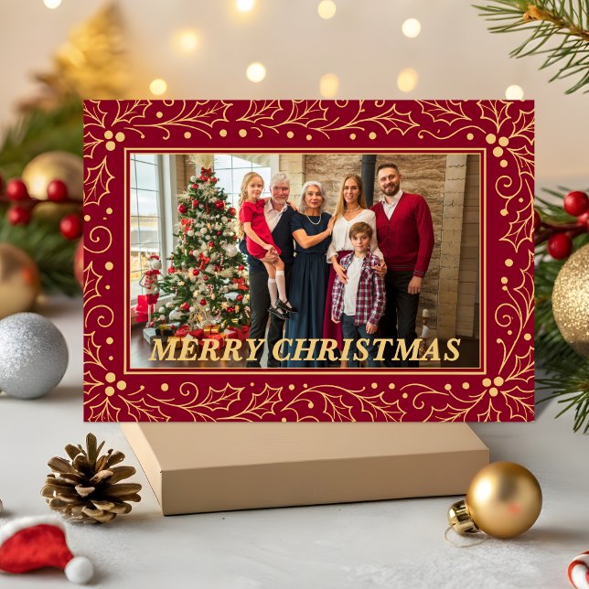 Cartão De Festividades Burgundy & Antique-Gold Family Christmas Photo (Criador carregado)