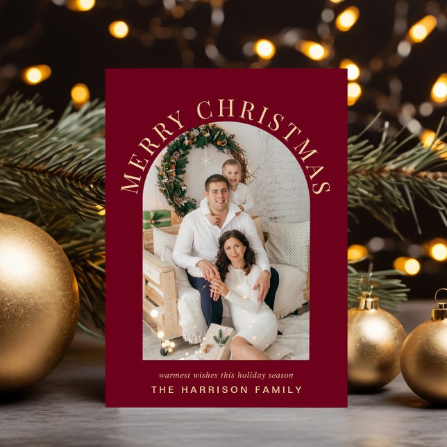 Cartão De Festividades Burgundy Foto do Arco de Natal Elegante (Share the love and warmth of the season with an elegant arch photo Christmas card)