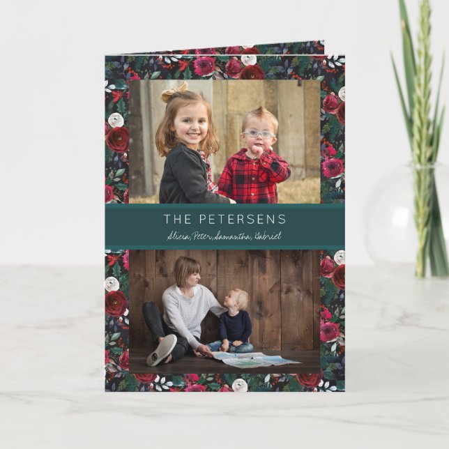 Cartão De Festividades Burgundy Hunter Green Floral Natal 2 (Frente)