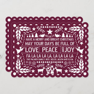 Cartão De Festividades Burgundy Love Peace Joy papel picado Natal