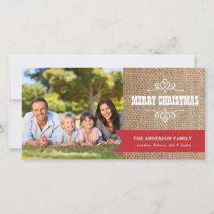 Cartão De Festividades Burlap Rustic com Red Banner Fotografia Natal