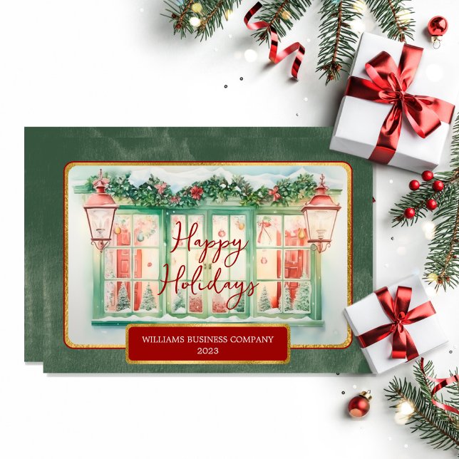 Cartão De Festividades Business Christmas Holly | Feriados Felizes em Ber (Nostalgic style "Happy Holidays" holly and berries in window business Christmas holiday card.)