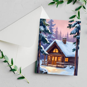 Cartão De Festividades Cabana de Natal Floresta Inverno Neve